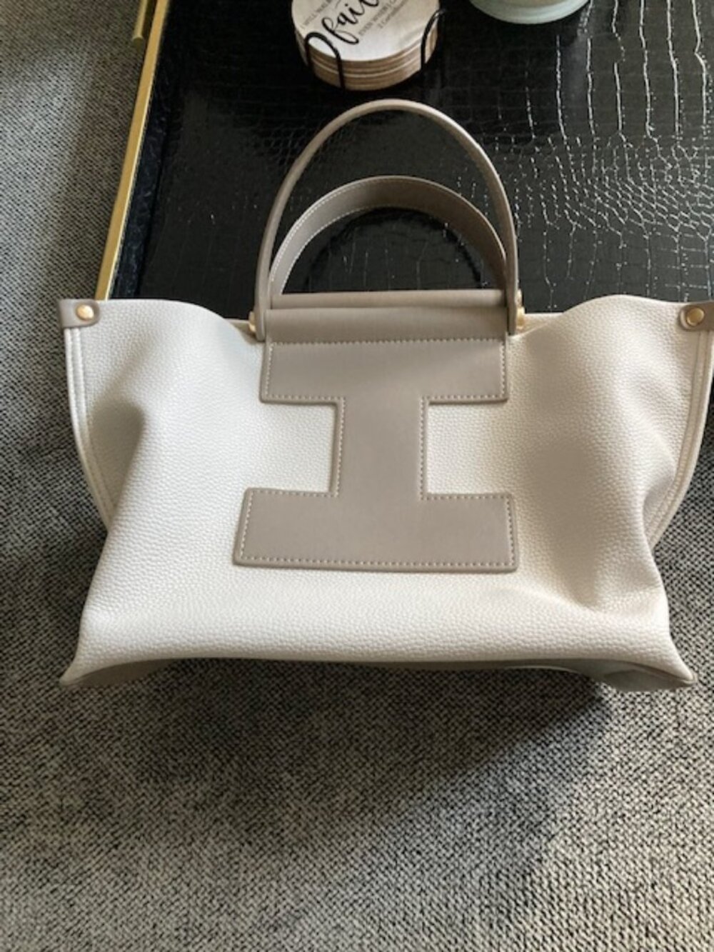Cream and Taupe Leather Bag